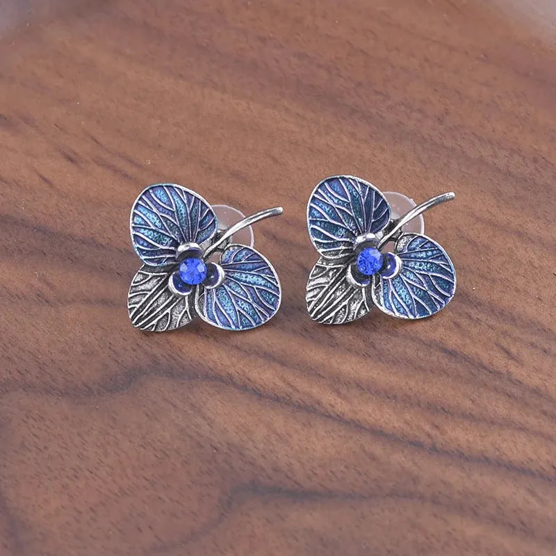Blue Leaf Flower Stud Earrings for Women Zinc Alloy Blue Zircon Enamel Jewelry