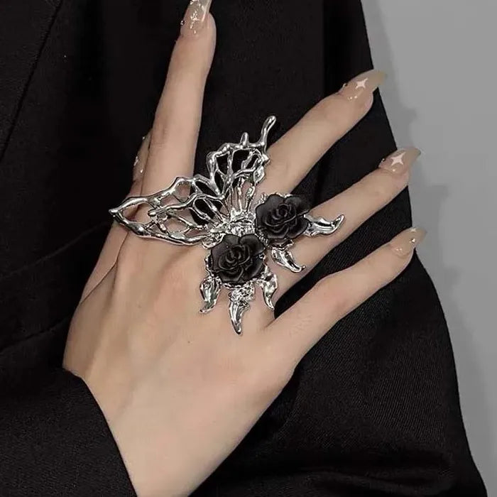 Adjustable Vintage Punk Black Rose Butterfly Animal Ring for Women Jewelry