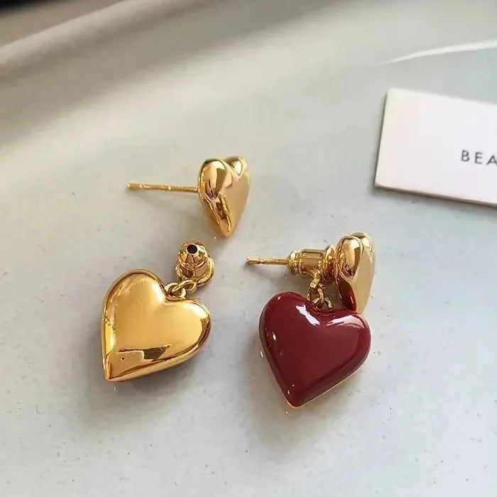 Red Heart Dripping Oil Dangle Earrings for Women Girls Zinc Alloy Enamel