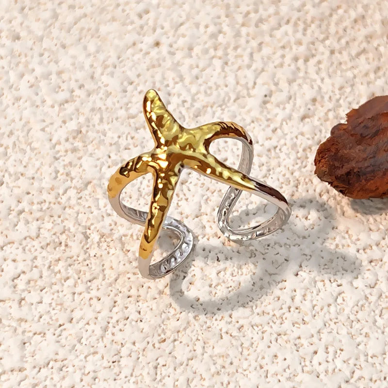 18K Gold Plated Ocean Series Opening Ring Mini Crab Conch Starfish for Women