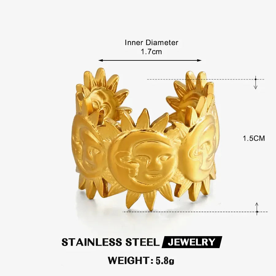 Gold Stainless Steel Geometric Sunflower Opening Ring for Women Men Jewelry
