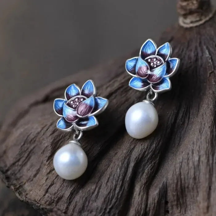 Blue Flower Pearl Stud Earrings for Women 2024 Vintage Zinc Alloy Jewelry