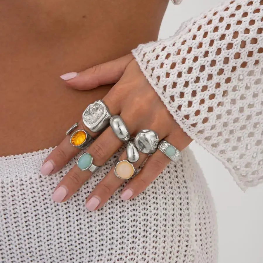 7Pcs Vintage Colorful Crystal Geometric Rings Set for Women Fashion Jewelry