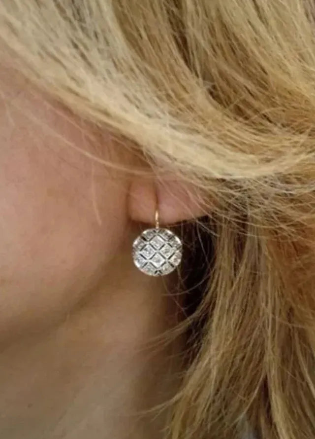 Retro Silver Geometric Circular Drop Earrings Grid Hollow CZ for Women