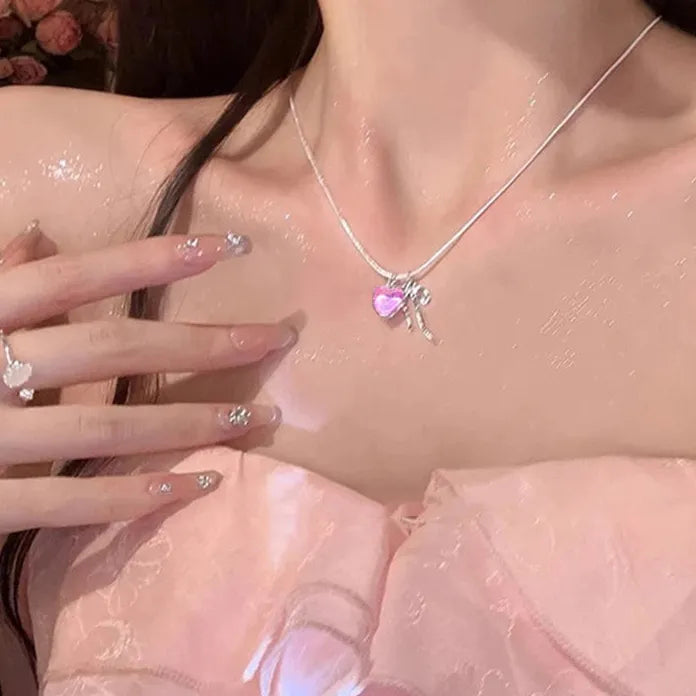 Y2K Pink Zircon Bowknot Necklace & Bracelet Set for Women Zinc Alloy