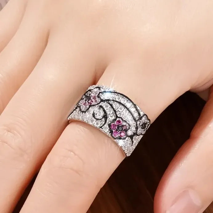 Elegant Pink Flower Cubic Zirconia Brass Ring for Women Fashion Jewelry