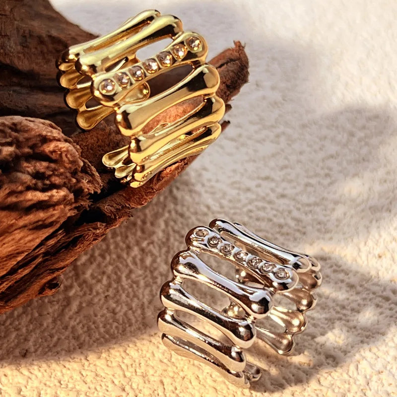 Stainless Steel Geometric Hollow Wide Ring Inlaid Zircon Knuckle Ring Daily Jewelry
