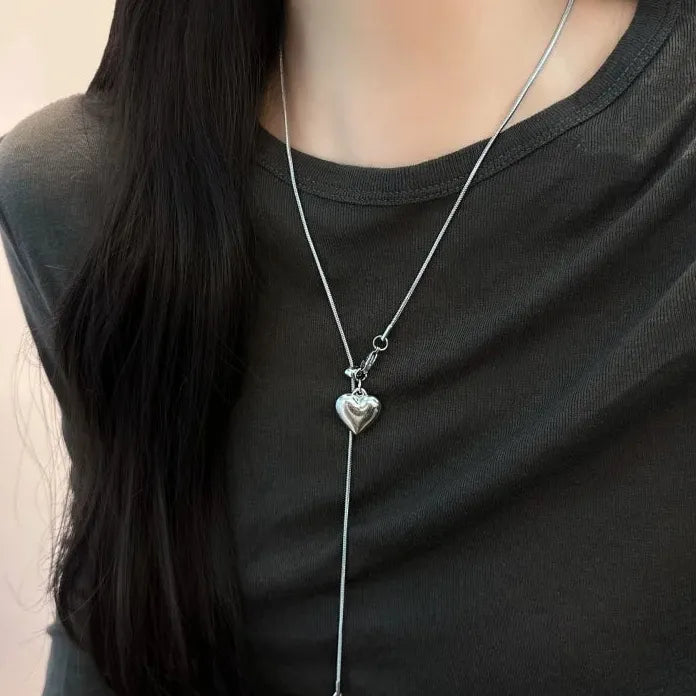 Stainless Steel Heart Pendant Necklace with Round Ball Sweater Chain for Women
