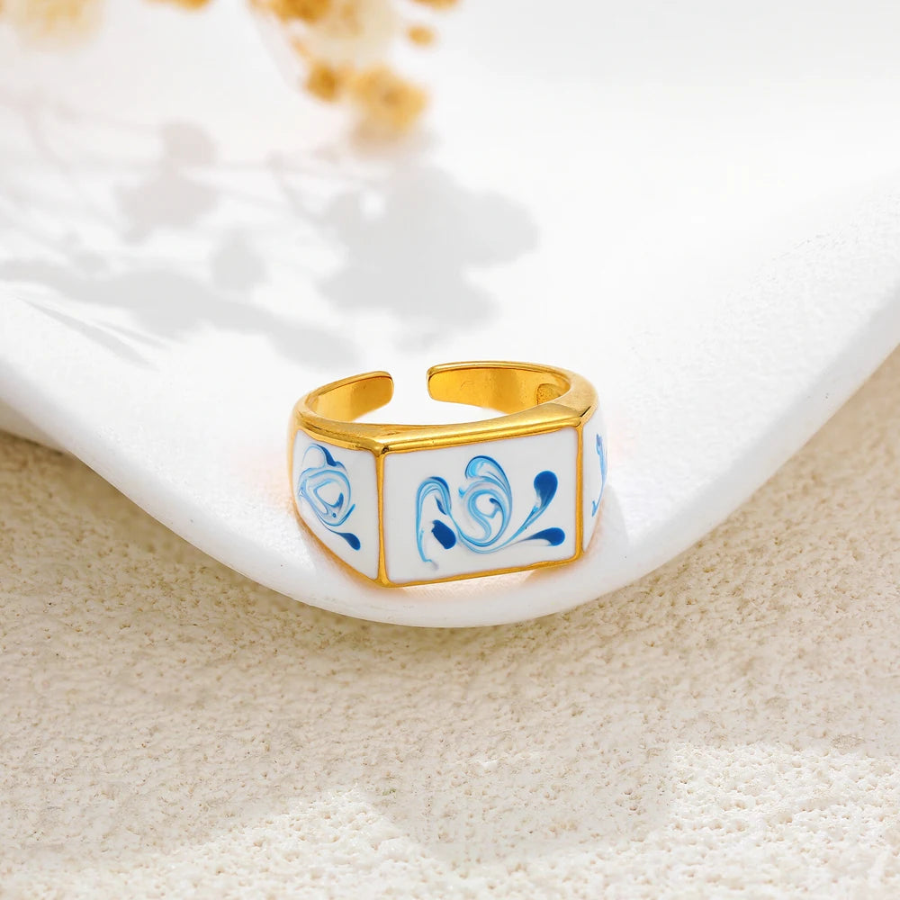 18k Gold Plated Stainless Steel Blue White Porcelain Waterdrop Dome Ring Geometric