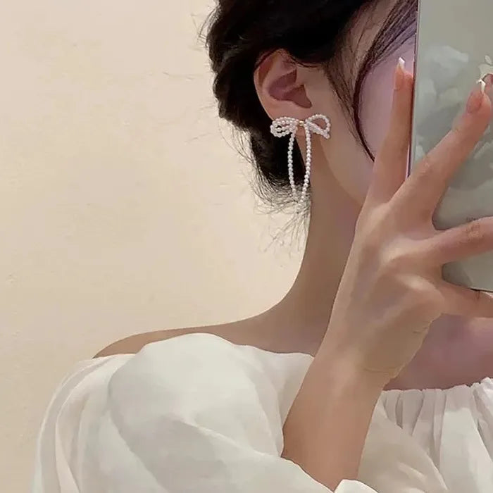 2026 Korea Fashion Pearl Butterfly Bow Drop Earrings for Women Wedding Jewelry