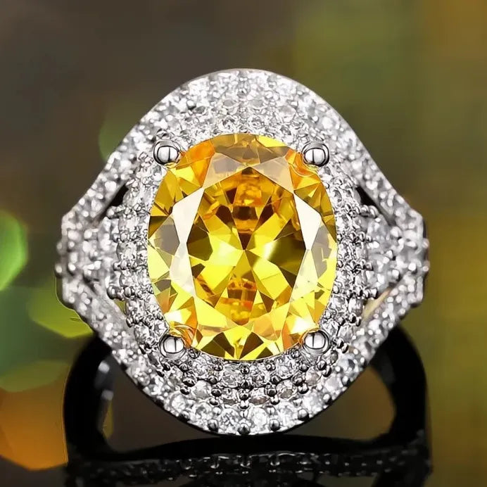 Luxury Yellow & White Oval Cubic Zirconia Cocktail Ring Jewelry