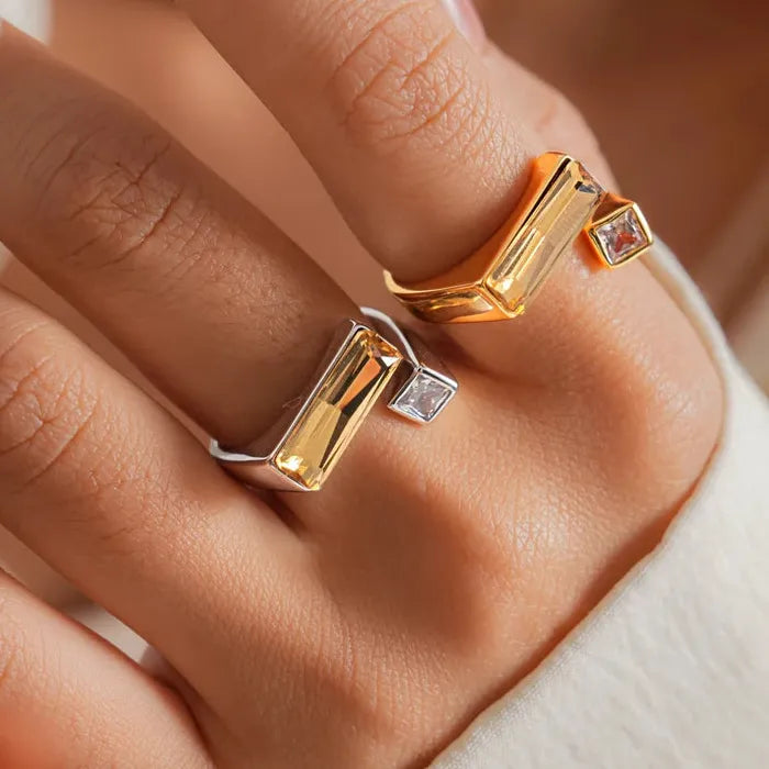 Adjustable Luxury Gold Zircon Geometric Square Ring for Women Party Jewelry Gift