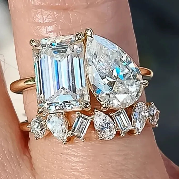 Pear Square Cubic Zirconia Wedding Rings Set Gold Color Elegant 2023