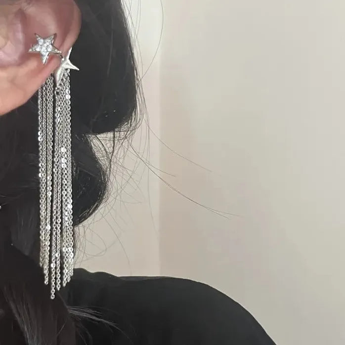 Y2K Rhinestone Star Clip Earrings Long Tassel Non-Piercing Jewelry Accessory