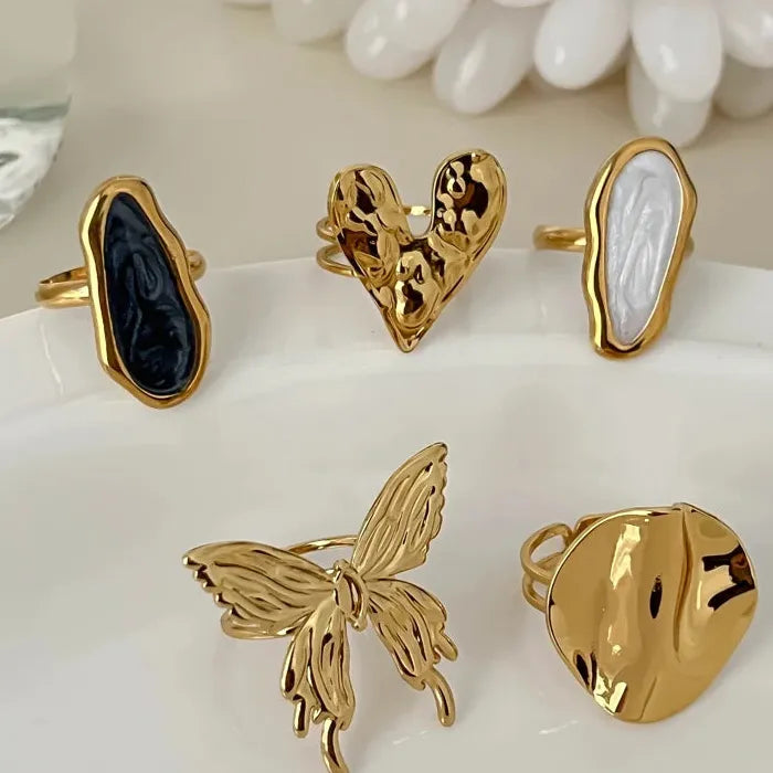 Adjustable Stainless Steel Butterfly Heart Geometric Open Ring for Women Jewelry