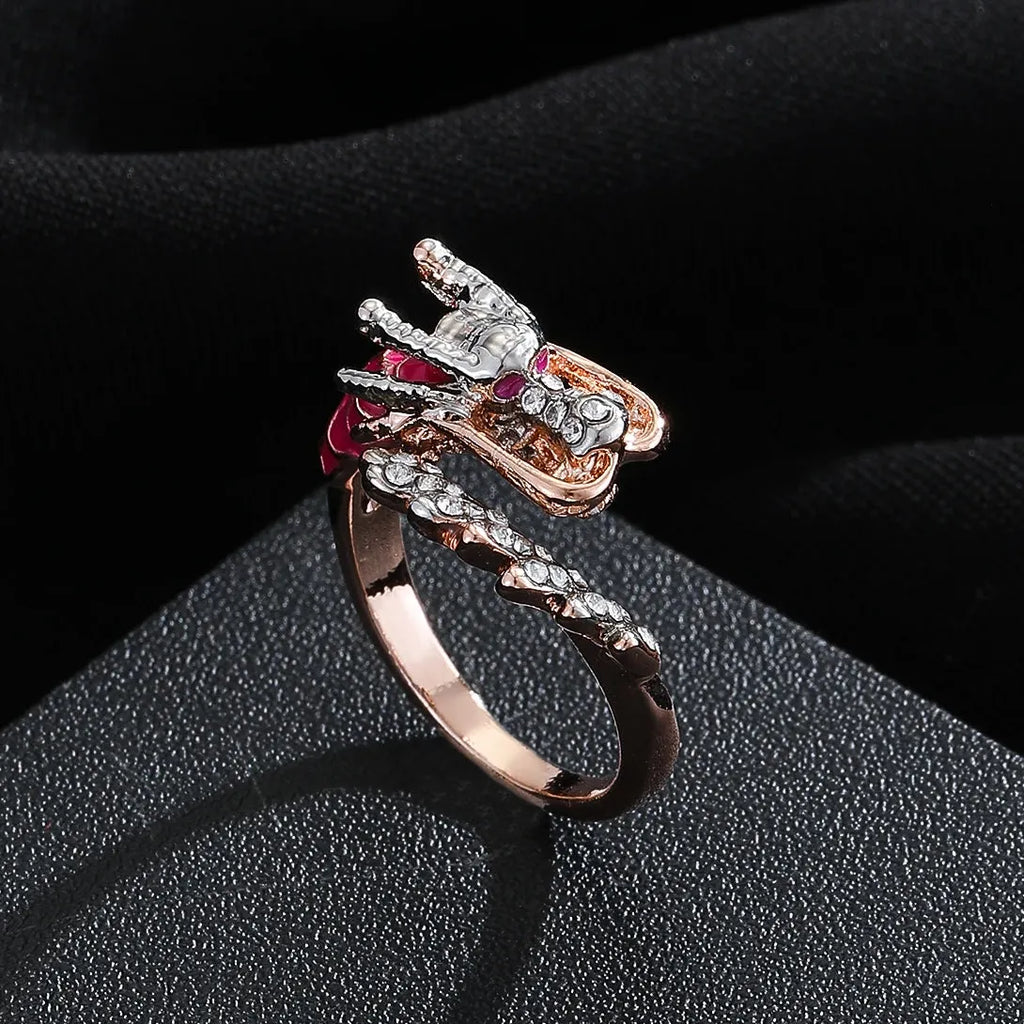 Rose Gold Dragon Ring for Women Zinc Alloy Metal Inlaid White Stone Jewelry
