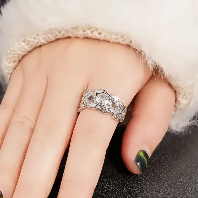 Chic Leaf Brass Ring with Dazzling Cubic Zirconia Charms Jewelry for Women