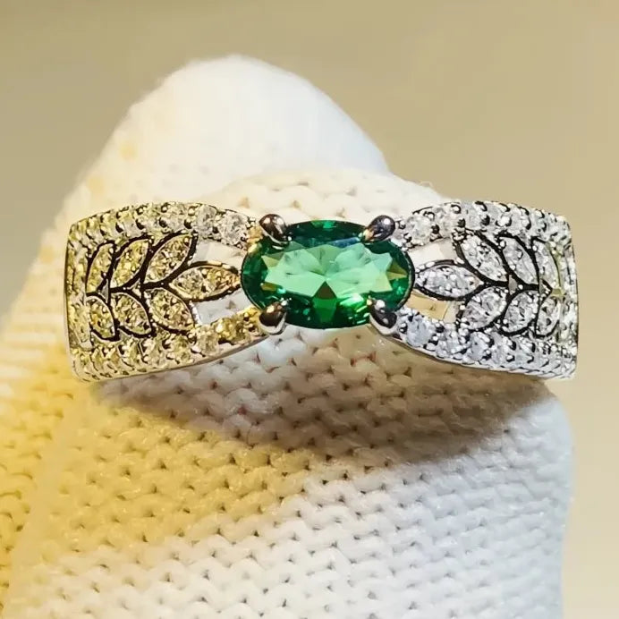 Silver Green Cubic Zirconia Leaf Shape Wedding Band Ring for Women