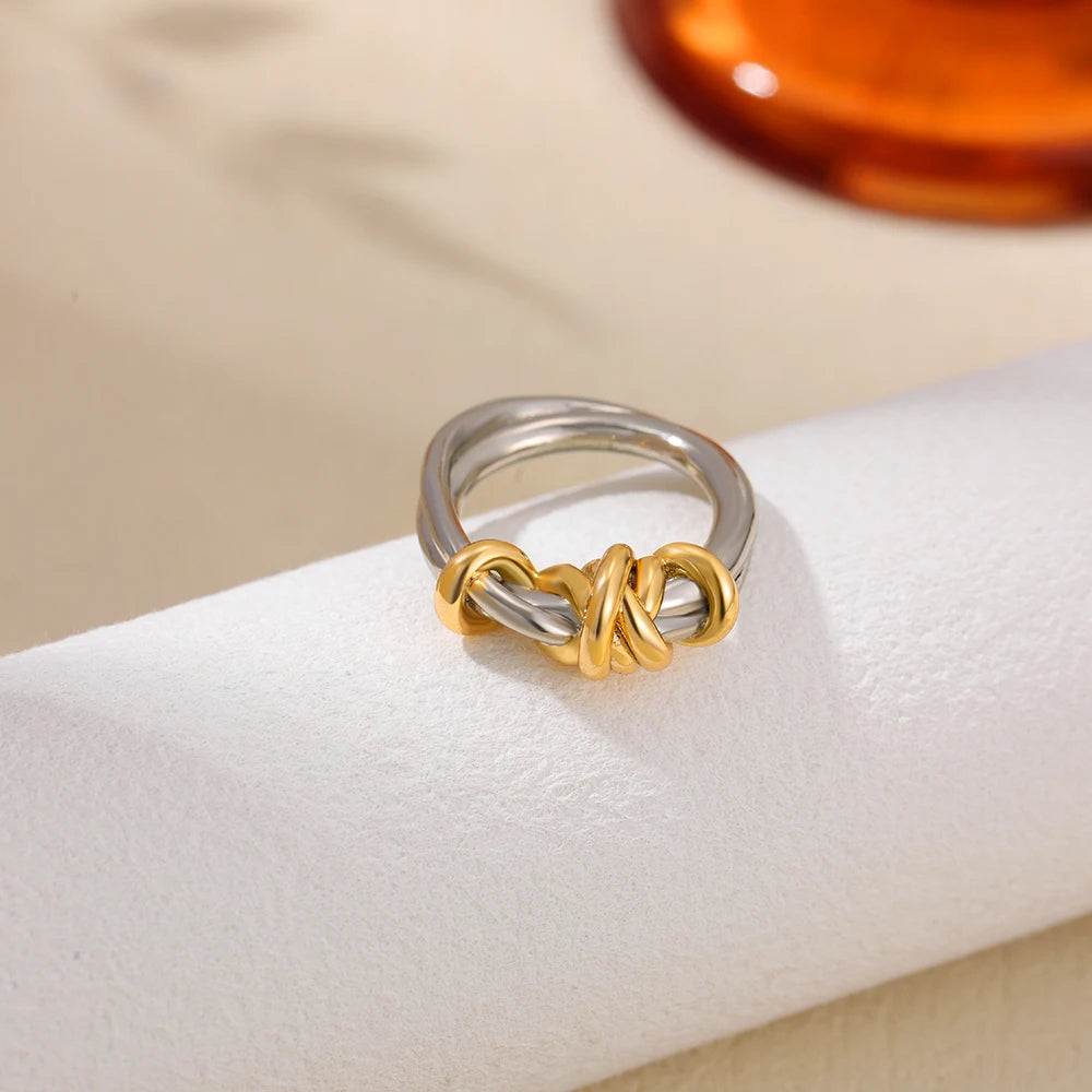 18k Gold Plated Stainless Steel Two Color Rope Spiral Geometric Ring for Women