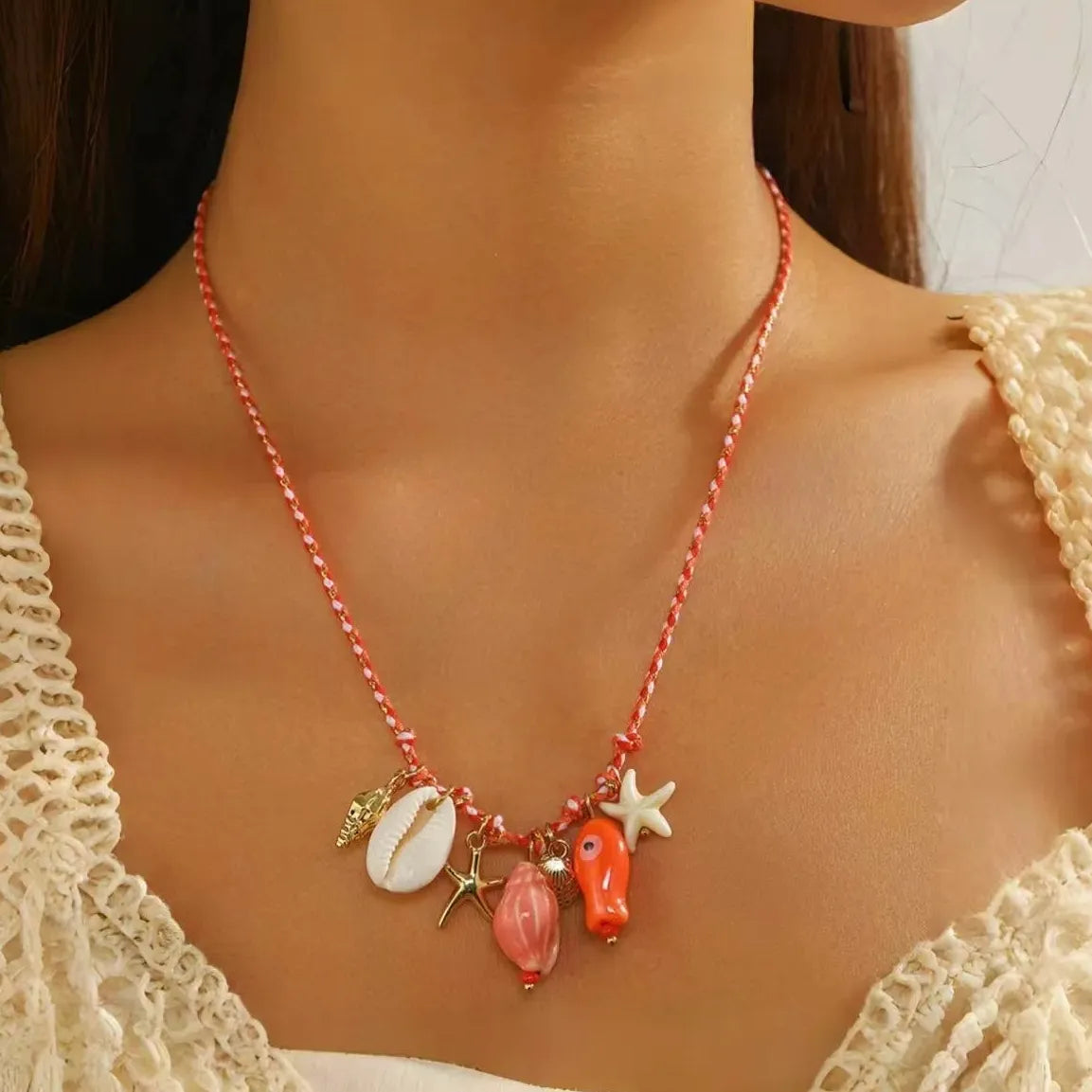 Handmade Rope Ceramic Fish Conch Pendant Necklace Women Starfish Shell Choker Jewelry