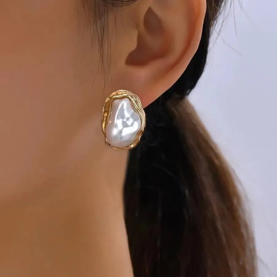 Irregular Baroque Pearl Stud Earrings for Women Vintage Gold Jewelry Gift