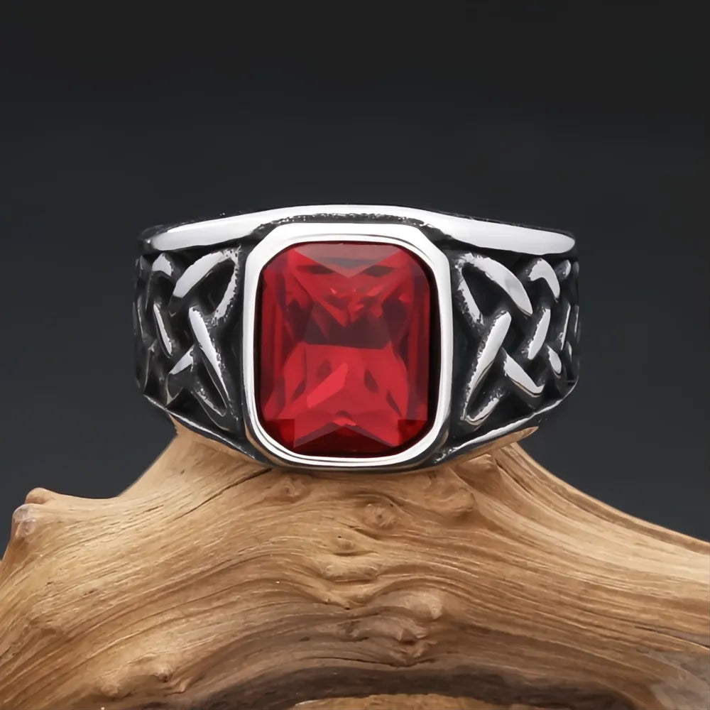316L Stainless Steel Punk Vintage Red Stone Square Signet Ring Viking Nordic Unisex