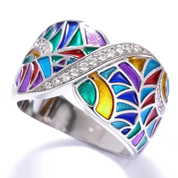 Colorful Women’s Geometric Brass Ring with Shining Cubic Zirconia Jewelry