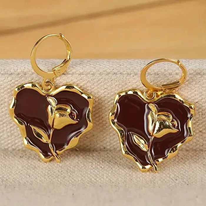Golden Heart Flower Drop Earrings for Women Zinc Alloy Romantic Gift Jewelry