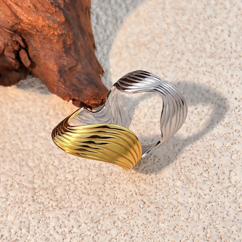 18k Gold Plated Punk Geometric Hollow Out Wide Wire Ring for Women Party Jewelry