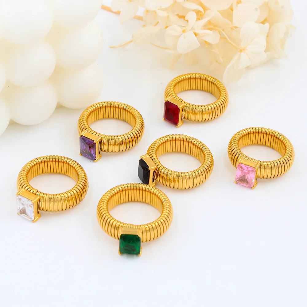 18K Gold Plated Stainless Steel CZ Geometric Twist Chunky Wedding Ring