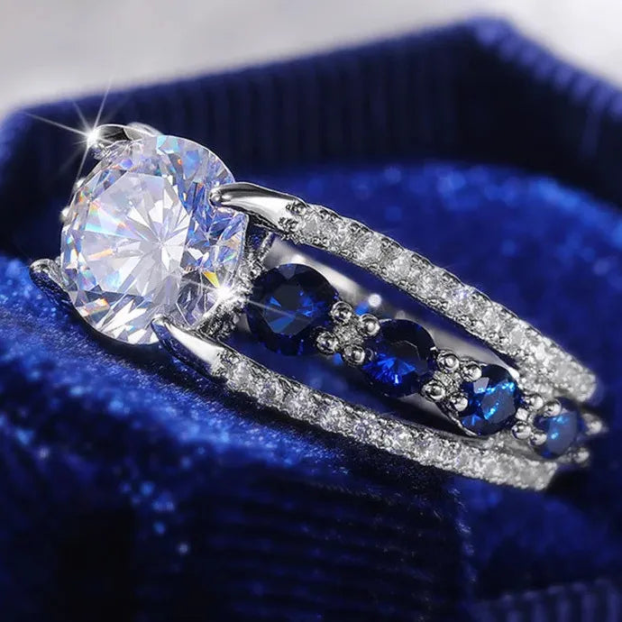 Sapphire Blue Zircon Hollow Out Ring for Women Zinc Alloy Engagement Jewelry