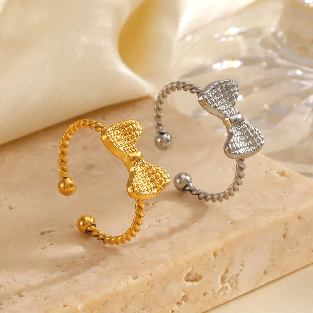 Gold Plated Adjustable Stainless Steel Mini Bowknot Ring Ribbed Twist Circle Jewelry