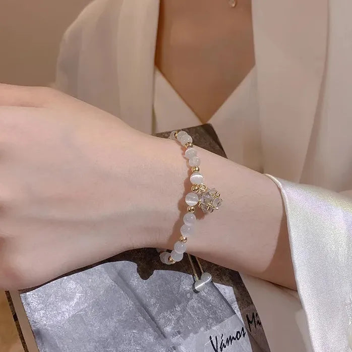 Korean White Opal Pearl Crystal Adjustable Cuff Bracelet Women Gift Jewelry