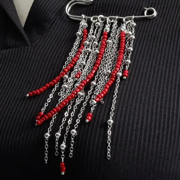 Retro Red Beaded Tassel Punk Brooch Pin Zinc Alloy Metal Jewelry