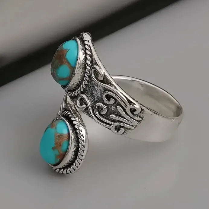 Adjustable Vintage Boho Cross Band Ring with Imitation Turquoise Stone