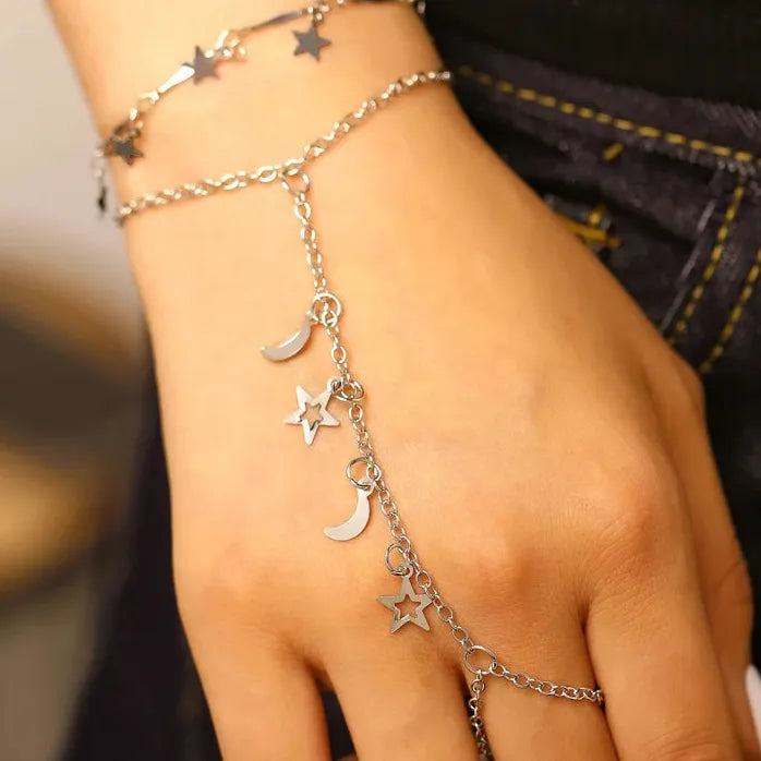Star Moon Tassel Adjustable Bracelet for Women Vintage Celestial Jewelry Gift