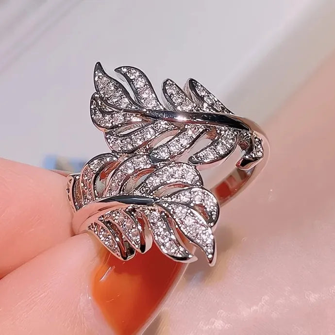 Silver Plated Leaves Ring with Crystal Cubic Zirconia Wedding Band for Women