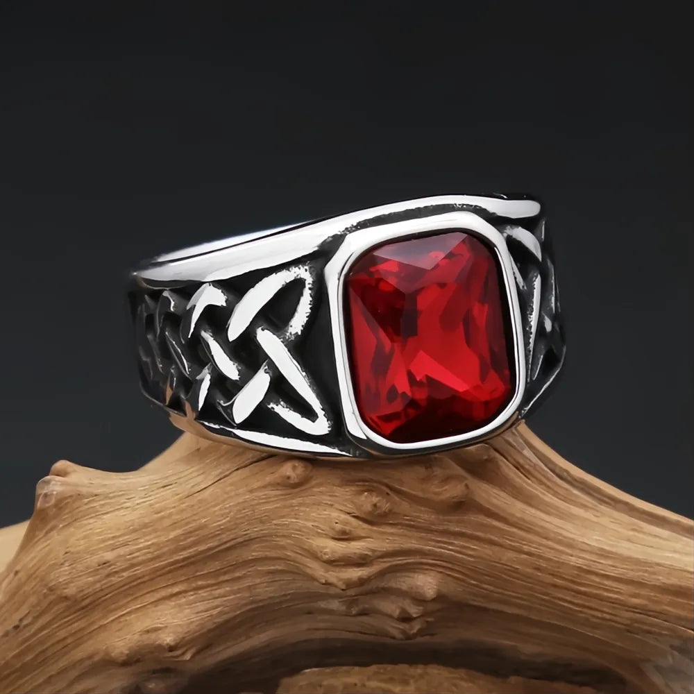 316L Stainless Steel Punk Vintage Red Stone Square Signet Ring Viking Nordic Unisex