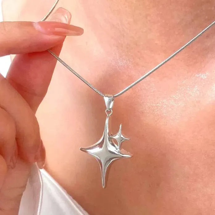 Silver Star Pendant Necklace Gothic Hip Hop Cuban Chain Y2K Jewelry Trendy