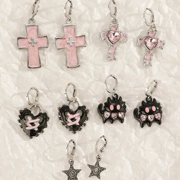 Goth Vintage Pink Strawberry Heart Star Bowknot Pendant Earrings EMO Y2K Fashion