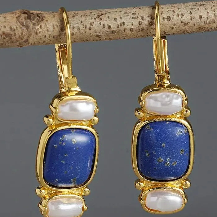 Vintage Handmade Curved Inlaid Blue Faux Gemstone Resin Earrings for Women