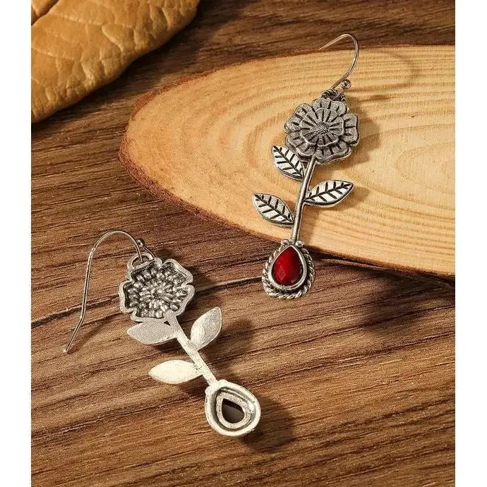 Vintage Metal Handmade Carving Flower Earrings with Redstone Inlay for Women