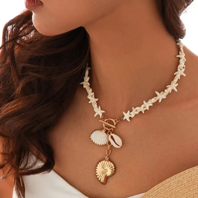 Resin Shell Starfish Pendant Necklace with Gray Pearl Tassel Choker Women’s