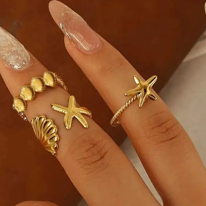 3Pcs Women's Ocean Starfish Shell Open Rings Gold Stainless Steel Jewelry Set