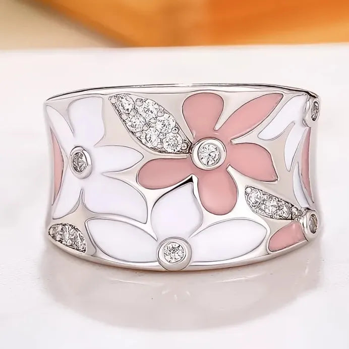Geometric Silver Enamel Flower Ring with Cubic Zirconia for Women Gift