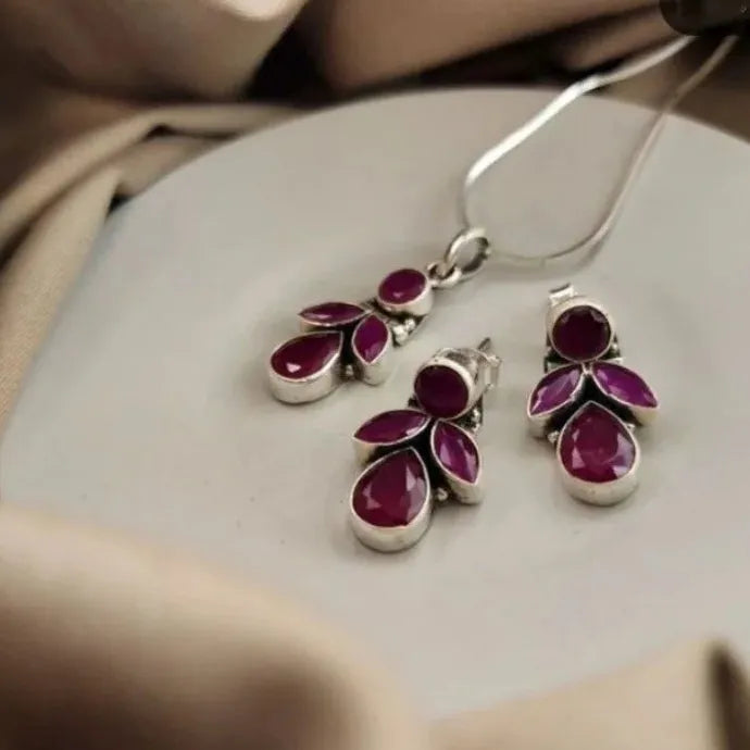 Vintage Rose Red Synthetic Stone Necklace Earring Set Zinc Alloy Jewelry Gift