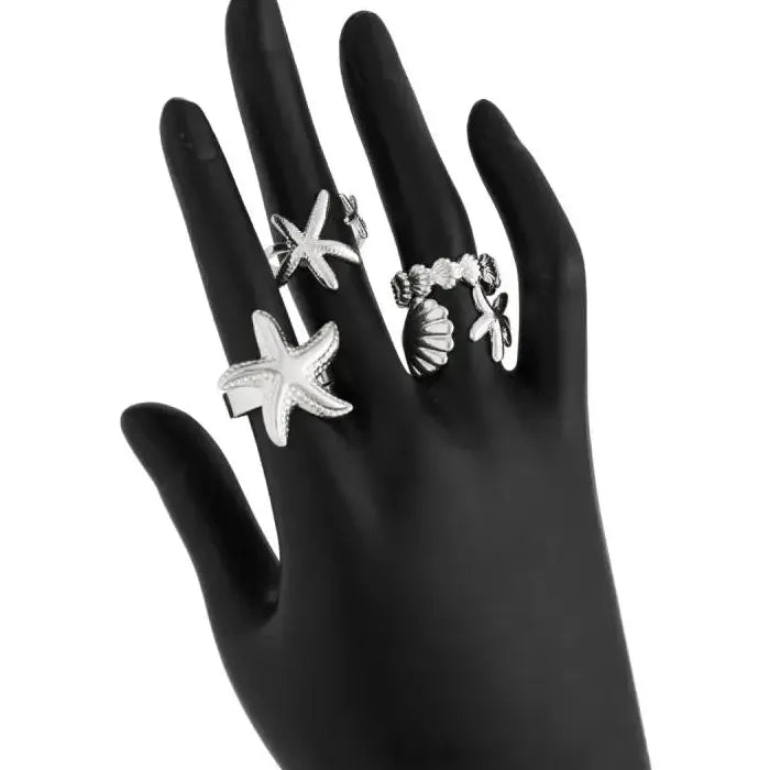 Adjustable Stainless Steel Starfish Multi-Layer Vintage Silver Ring for Women Men Jewelry