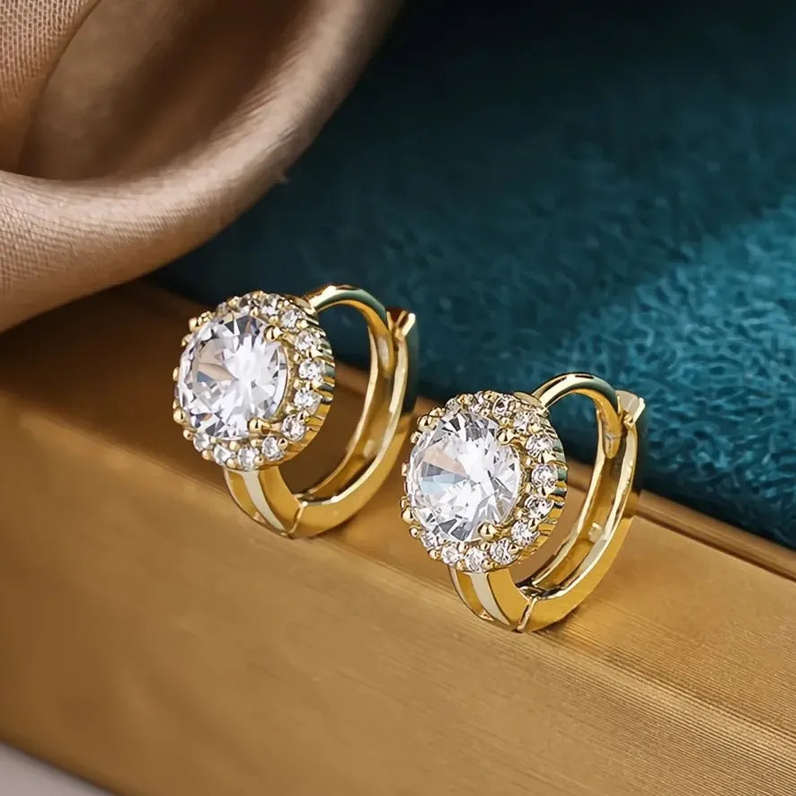 Geometric Silver & Gold Hoop Earrings with Round Cubic Zirconia Stones