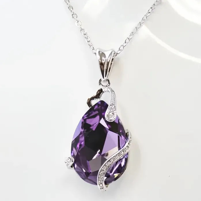 Purple Pear CZ Pendant Necklace for Women Copper Alloy Anniversary Jewelry