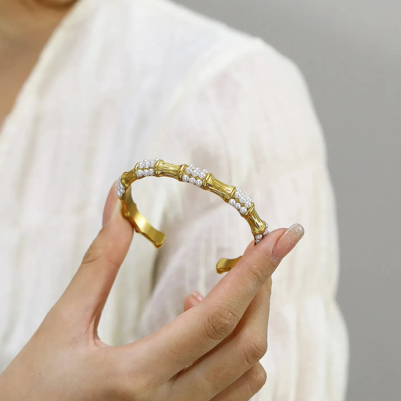18K Gold Open Bamboo Pearl Bangle CZ Zircon Waterproof Bracelet for Women